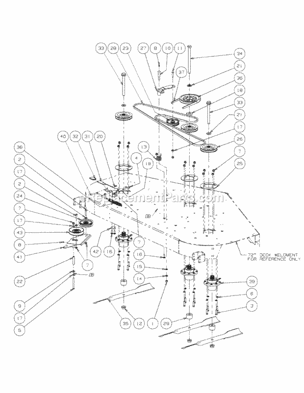 Fabricated Deck Spindle Assembly 72-Inch Diagram and Parts List for M72-CT 53AL8CT8050-28-HP-3Cylinder-OHV Cub Cadet Lawn Tractor
